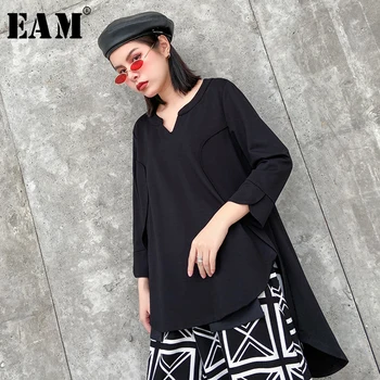 

[EAM] Women Back Long Asymmetrical Black T-shirt New Round Neck Three Quarter Sleeve Fashion Tide Spring Autumn 2020 1S308