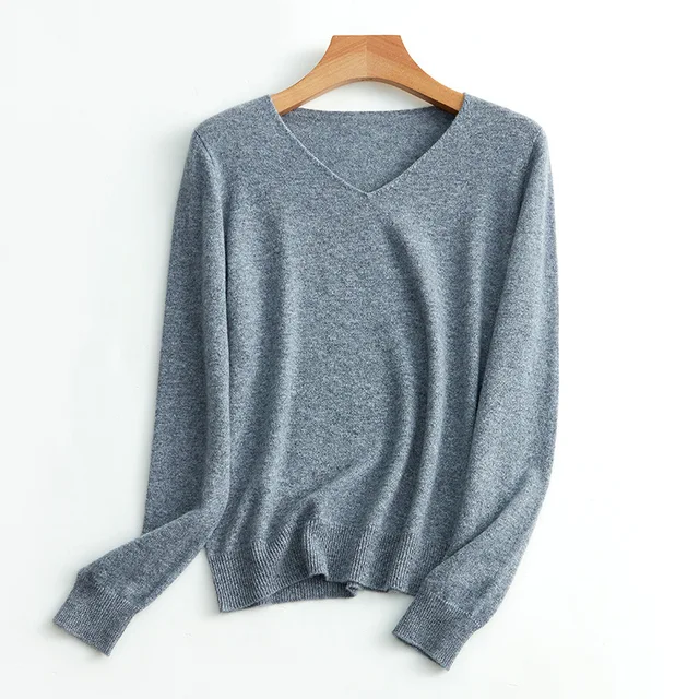 SuyaDream Women Sweaters High Quality 100%Cashmere Basic V neck Pullovers 2021 Fall Winter Simple Chic Knit Wear gray