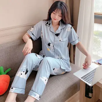 

Pajamas Female Summer Cardigan Short-sleeved Trousers Cute Cartoon Fashion Large Size Loose Homewear Two-piece Pajamas