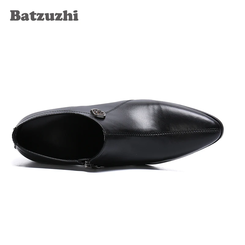 Batzuzhi 7.5CM High Heel Black Genuine Leather Ankle Boots Men Pointed Toe Men Boots Party and Wedding Footwear Zapatos Hombre