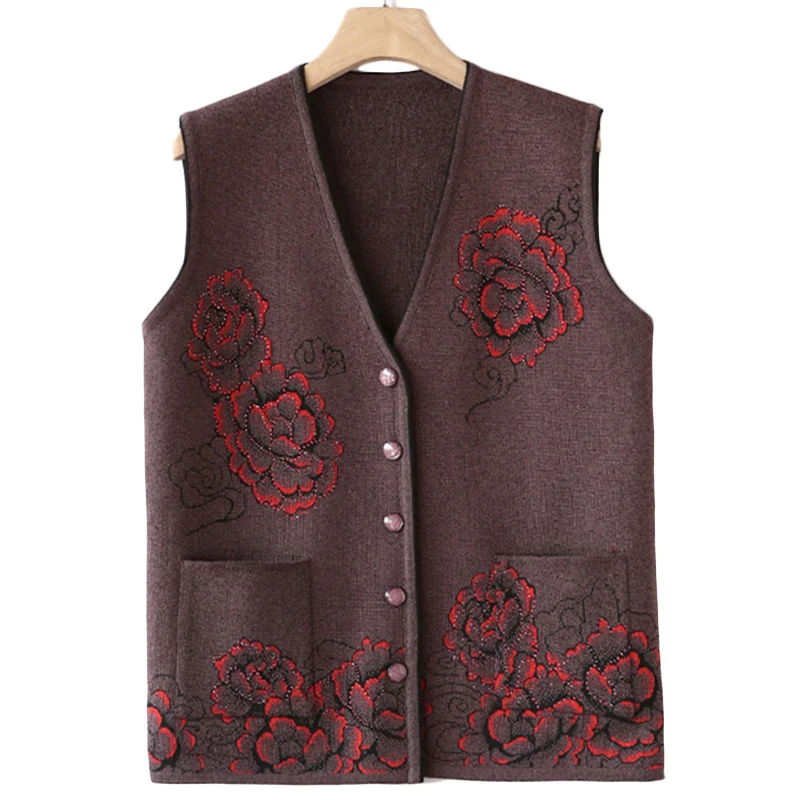 Middle-aged women Print Sweater Vest Autumn Winter vests Sweater knit Cardigan Womens Short Plus size Sweater Vests Jackets F856