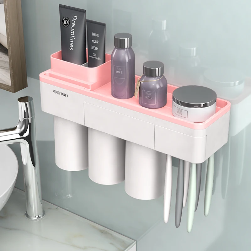 Plastic Automatic Toothpaste Squeezer Dispenser Free Toothbrush Holder Stand Set Wall Mount Cosmetic Family Bathroom Accessories - Цвет: Pink-3