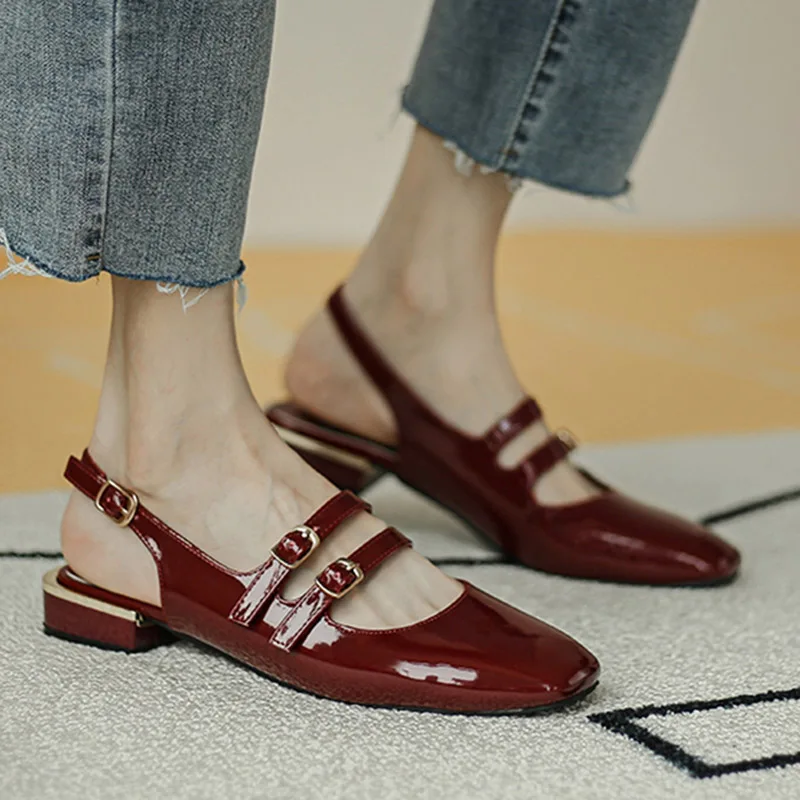 Women Sandals Women Shoes Women Sandals Summer Shoes Woman Flats Double Buckle Mary Janes Shoes Patent Leather Dress Back Strap Zapatos Mujer 9278N