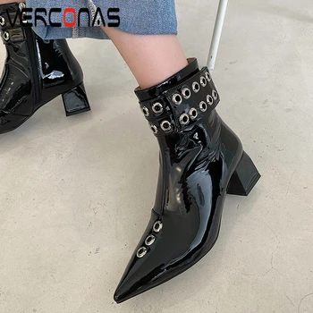 

VERCONAS Punk Popular Women Ankle Boots New Pointed Toe Rivets Shoes Woman Autumn Winter Casual Genuine Leather Fashion Boots