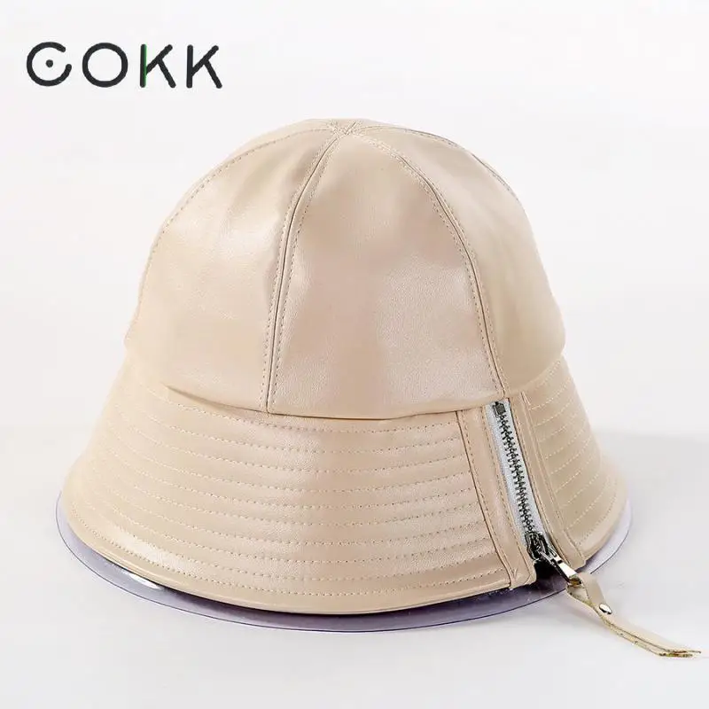 COKK кожаная шляпа-ведро, женские осенне-зимние шапки на молнии, одноцветная шапка в рыбацком стиле, модный дизайн, винтажный капор