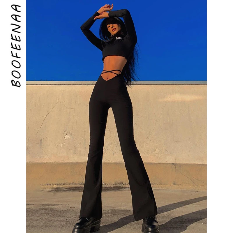BOOFEENAA Cyber Y2k pantalones E estilo de niña Sexy elástico pantalones de encaje de mujeres V cintura baja altura Harajuku negro pantalones C85-BZ22