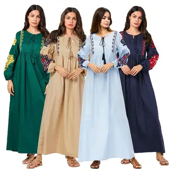 

Fashion Women Muslim Maxi Dress Islamic Abaya Embroidery Ethnic Vintage Casual Prayer Loose Robes Turkey Long Sleeve Clothing