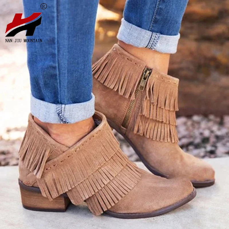 

NAN JIU MOUNTAIN 2020 Women's Boots Low Heel Pointed Tassels Zipper Single Boots Ankle Short Boots 4 Colors Plus Size 35-43