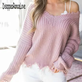 

Off The Shoulder Autumn Sweater For Women Fringe Distressed Knitted Female Tops Long Sleeve Pullover Sweaters