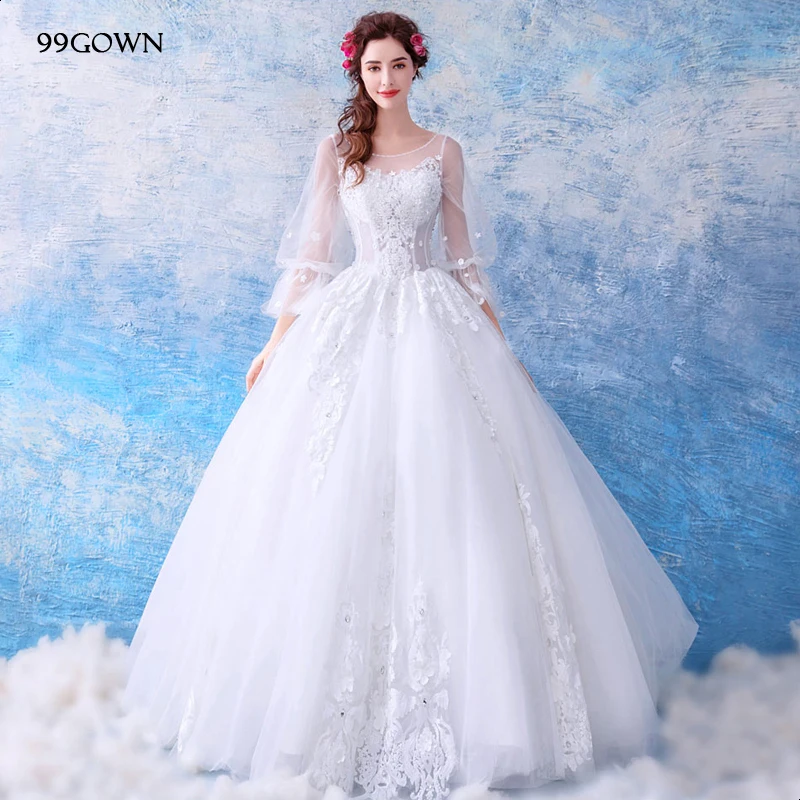 99GOWN, простое свадебное платье для женщин, рукав три четверти, расклешенный рукав, а-силуэт, Свадебное бальное платье, вышивка на свадебном платье