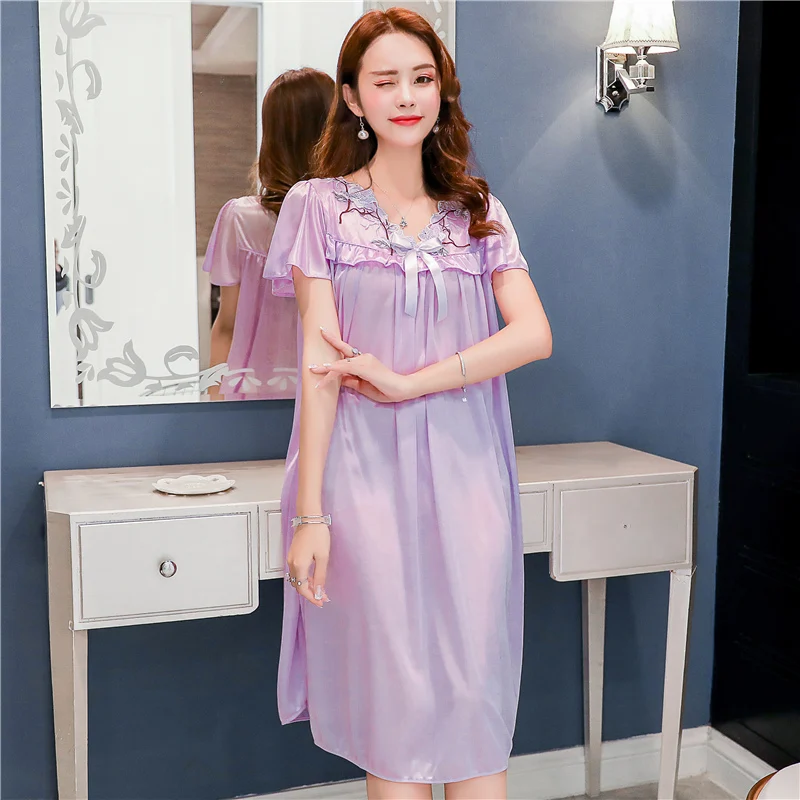 Large Size 4XL Home Comfortable Women Sleepwear Female Ice Silk Satin Nightgown Sleeping Dress Long Ladies Nightwear Night Shirt