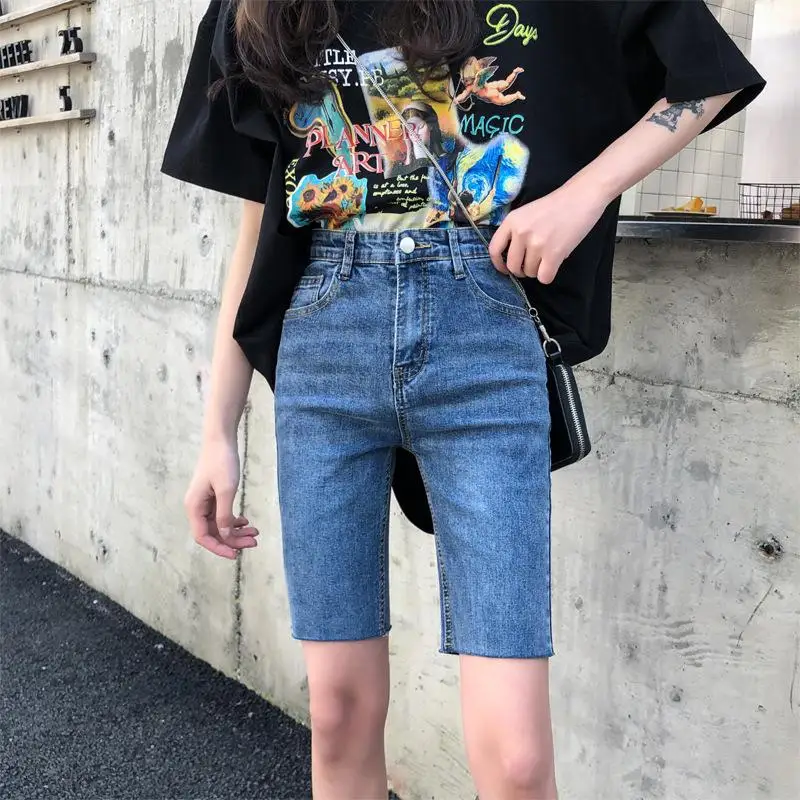 

Flat High Waist Skinny Half Denim Pants Women Button Plus Size Thin Elastic Short Jeans Woman Short Denim Pants Slim Jean Shorts