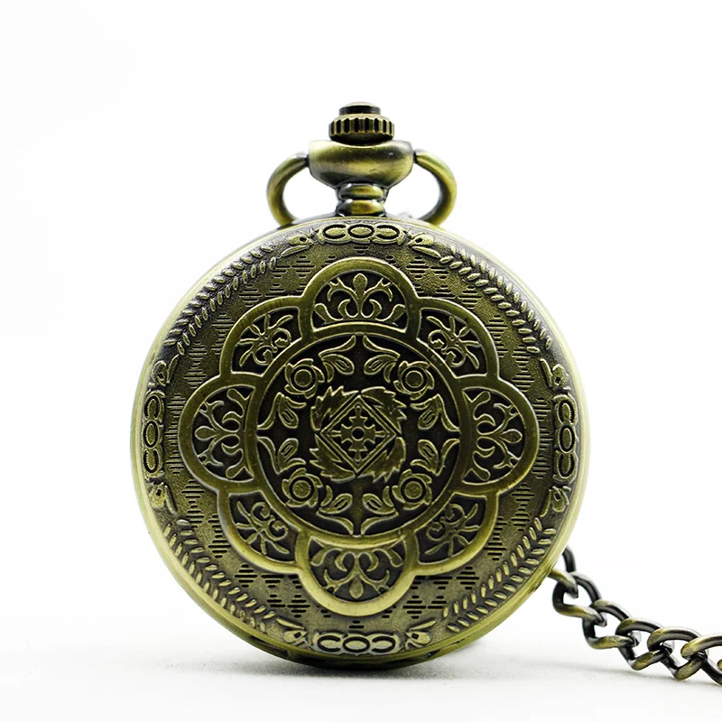

Bronze Vintage Mechanical Pocket Watch Roman Numerals Carving Flower Dial Watches Men Women Pendant with Fob Chain
