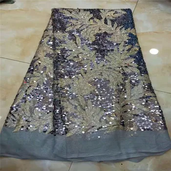 

Embroidery Leaves Pattern Lace with grey Sequins Hot Sale African French Tulle Mesh Lace Fabric Sequins Lace Fabric for Bridal