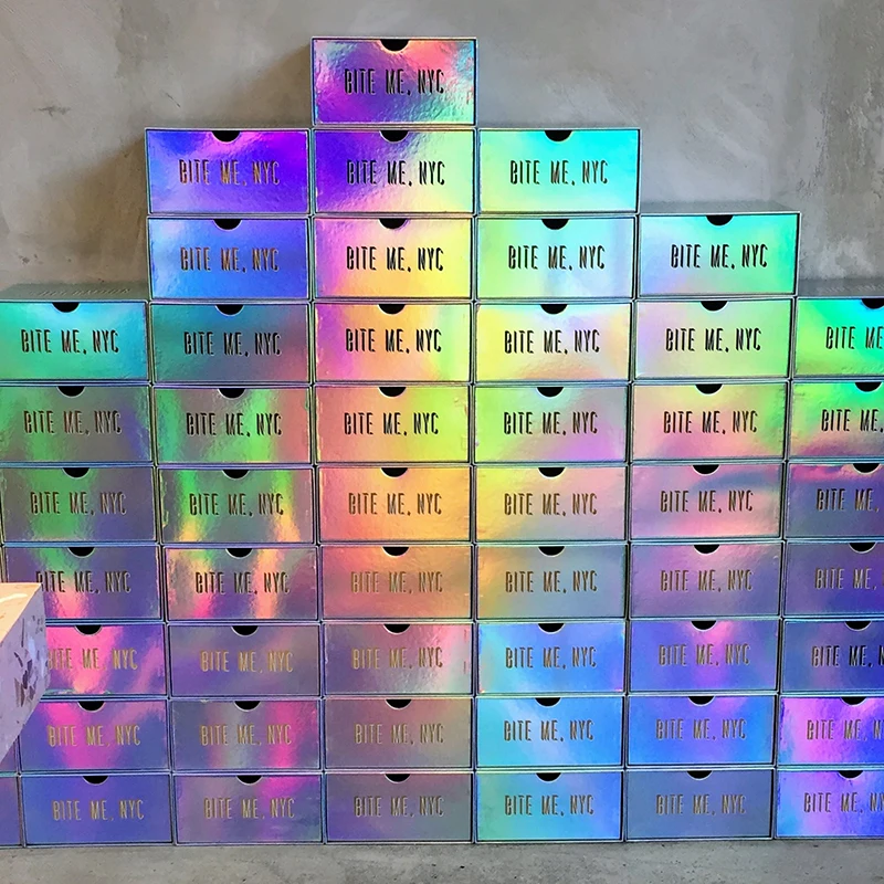luxury glitter Iridescent sliding drawer cardboard box for cosmetic or chocolate shiny holographic box