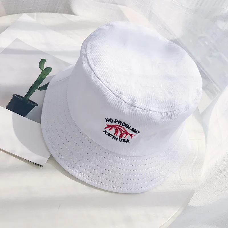 Coconut Trees White Летний японский стиль письмо клубника узор вышитая Рыбацкая шляпа Женская Твердая Солнцезащитная шляпа Lovey Повседневная колпак шута - Цвет: Coconut Trees White