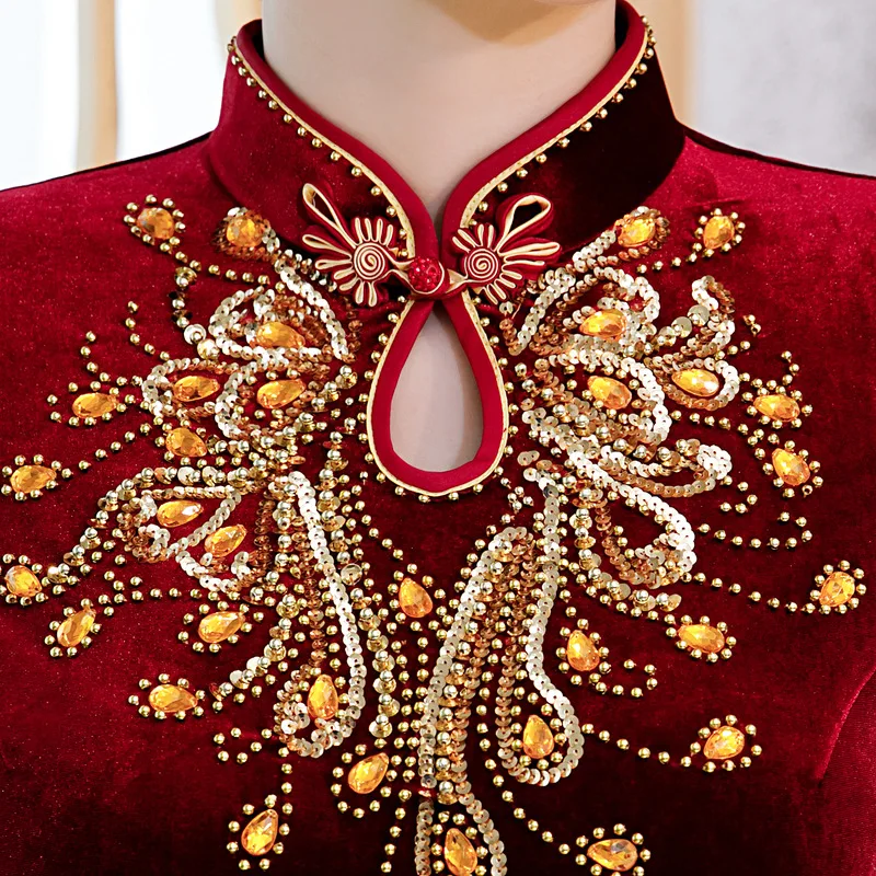Горячее китайское свадебное платье женское платье средней длины Cheongsam Золотое тонкое китайское традиционное платье женское Qipao для свадебной вечеринки вышивка