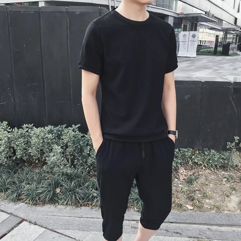 Fashion Casual Mens Short Sleeve T-Shirts Ankle Calf Length Pants Loose Fit Plus Size Male 2Pcs Sets Sportswear