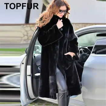 

TOPFUR 2019 Fashion Black Coat Winter Real Fur Coat Women Natural Mink Fur Coat With Fur Collar Loose Full Sleeves Medium Long