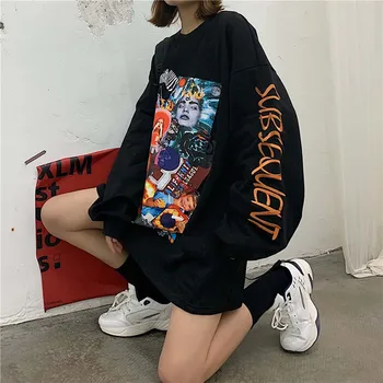 

Black Streetwear Character Print Women Sweatshirt Spring O-Neck Long Sleeve Pullover Knitted Oversized Punk Hoodie Sweatshirts