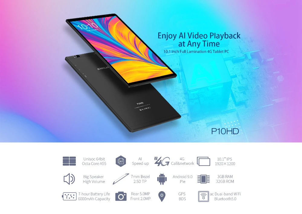 US $119.99 Teclast P10HD 4G Phone Call Tablets Octa Core 101 inch IPS 19201200 3GB RAM 32GB ROM SC9863A GPS Android 90 6000mAh tablet PC
