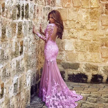 

Smileven Sexy Pink Mermaid Evening Dresses Full Sleeve Illusion Back Vestido de festa longo Beading Dubai Evening Party Gowns