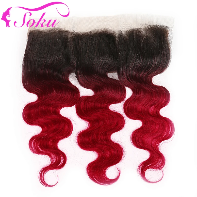 1B Burgundy Brazilian Body Wave Human Hair Bundles With Frontal 13x4 SOKU 3PCS Ombre Red Hair Bundles With Closure Non-Remy Hair