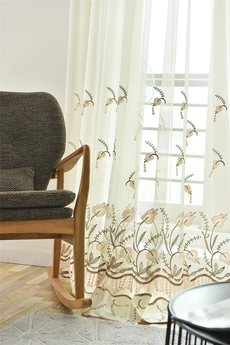 Flower Embroidery Sheer Tulle for Living Room Beaded Pattern Window Drapes for Balcony Plant Glass Yarn for Bedroom X-WP437#2