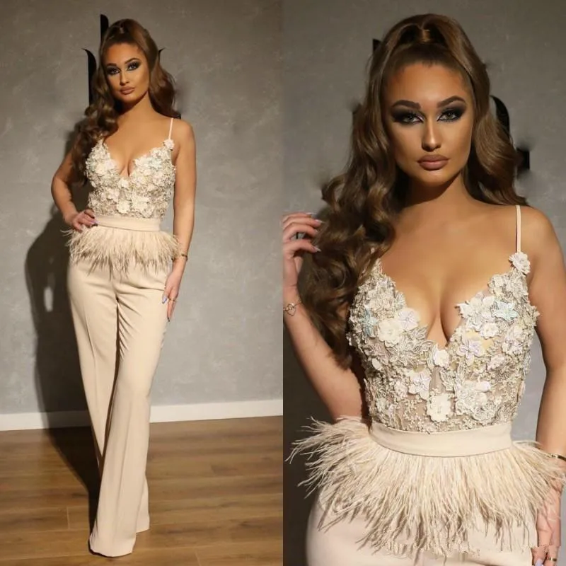 black formal gown Ivory Jumpsuits Prom Dresses Long Spaghetti Lace Appliqued Feather Dubai Arabic Celebrity Evening Gowns Pantsuits Formal long formal dresses