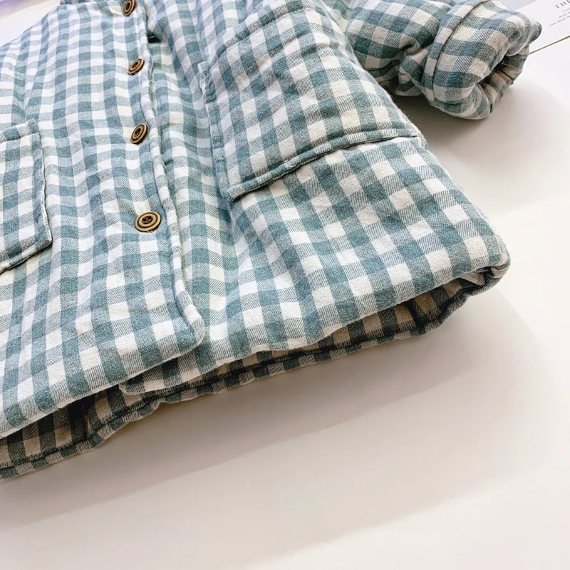 Long Style Kids Boys Girls Outwear Winter Warm Keep Cotton Jacket Plaid Plus Velvet Coat Buttons Baby Children Clothes 1-6y