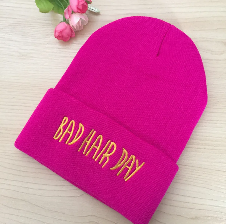 European style hip-hop beanie hat Bad Hair Day letters outdoor ski candy knitted cap women 11 color winter simple wool warm hat