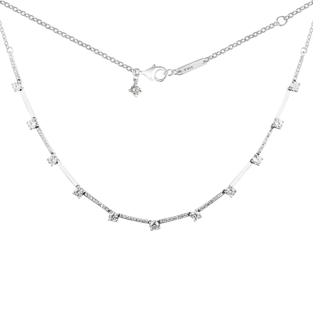 

Sparkling Pave Collier Bars Necklace Sterling Silver Jewelry New Style Woman Fashion Jewelry 45CM Snake Chain Jewelry