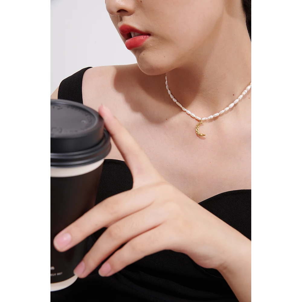 Elegant Natural Pearl Jewelry Necklace Moon Pendant Stainless Steel - Image 5