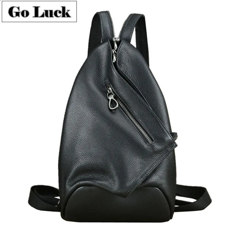 

GO-LUCK Brand New Black Genuine Leather Unisex Casual Travel Backpack Men Women's Double Shoulder Bag Style Chest Sling Pack
