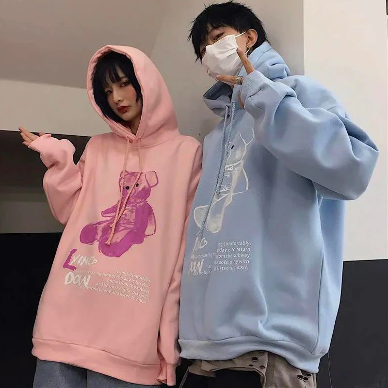 

Lovers Pink Bear Pattern Hoodie Thick 4size Long Sleeve Pullover Oversize Jacket BF Korean Style 2020 New Harajuku Pink