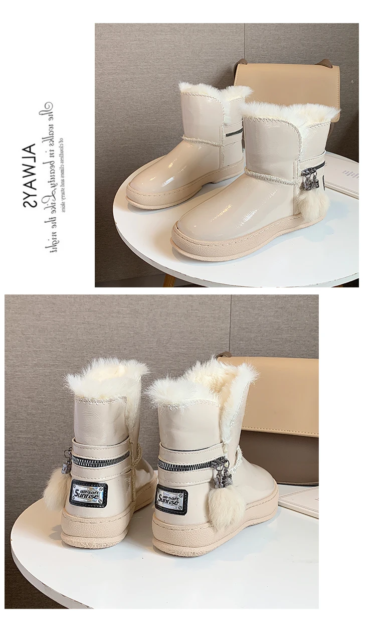 Snow boots patent leather women short boots winter wild plus velvet flat bottom white bright face Martin boots women boots