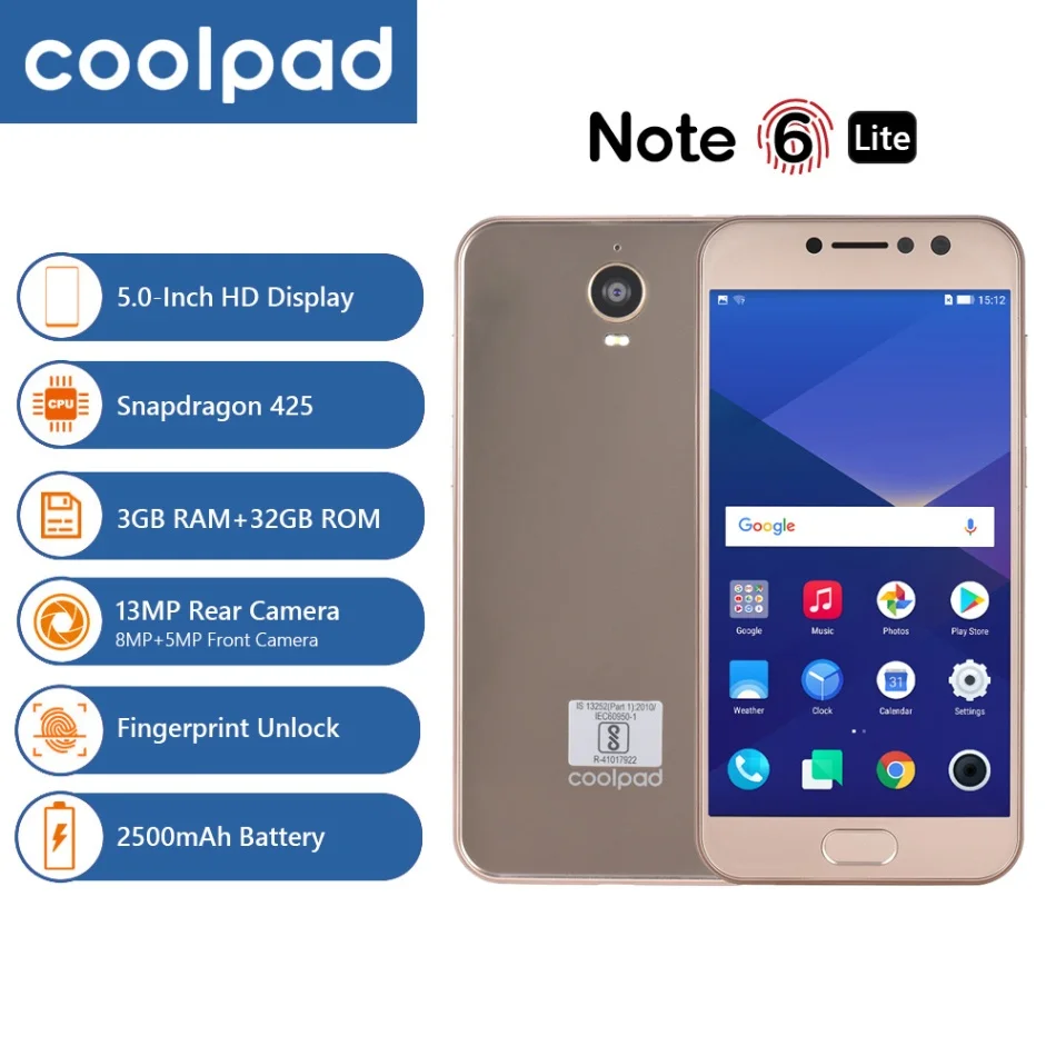 Золотой Coolpad примечание 6 Lite 4G, мобильный телефон с функцией 5-дюймовый HD Дисплей Android 7,1 3 Гб оперативной памяти, Оперативная память+ 32 ГБ Встроенная память 13MP 8MP 2500mAh смартфон с отпечатками пальцев - Цвет: Золотой