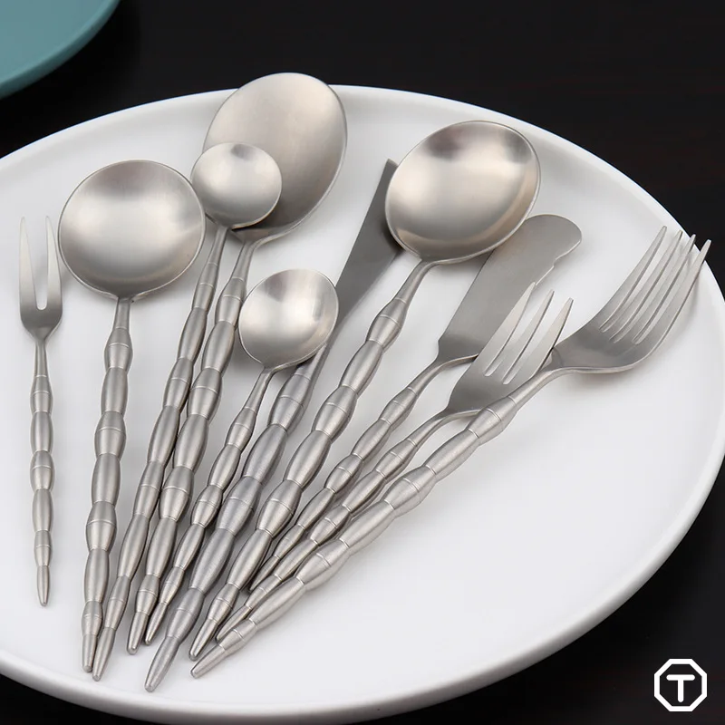 Special Offer Foreign Trade Knife, Fork And Spoon 304 Stainless Steel Bamboo Joint Lotus Root Matte Fruit Fork Western Tableware