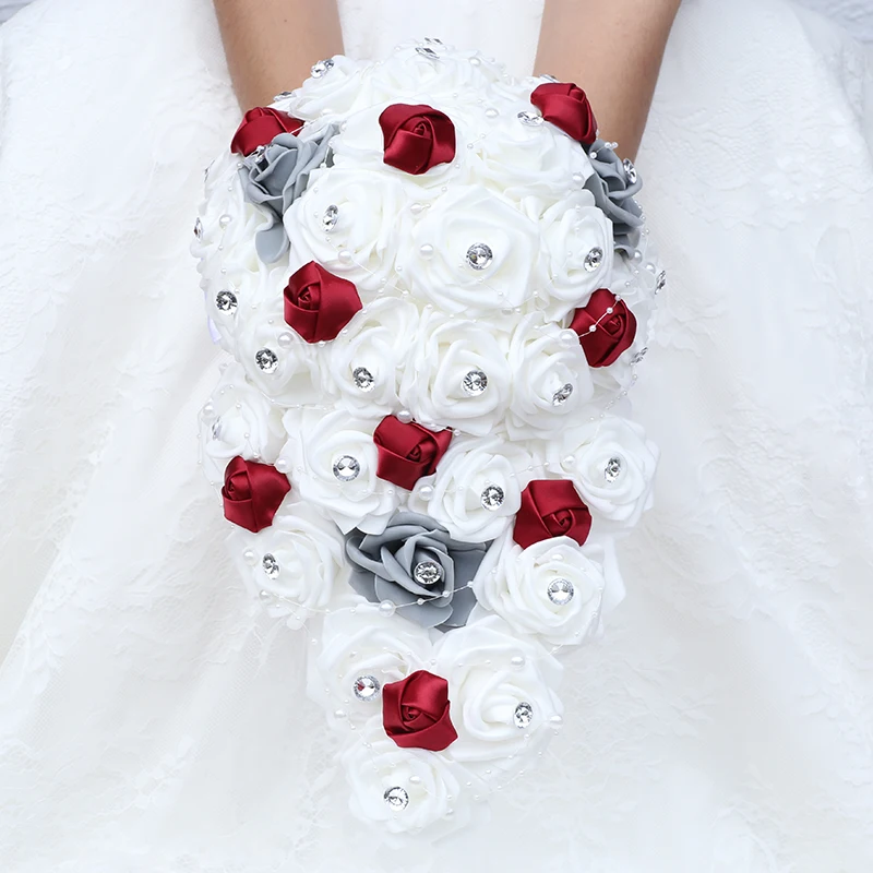Beautiful Waterfall Bride Bridesmaid Holding Flowers PE Rose Bud Handmade Bouquet Wedding Supplies Promotion W330PE