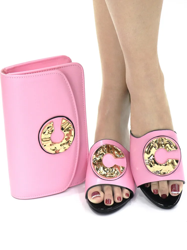 

Hot Sale Pink Heel 4.5CM Women Shoes Match Bag With Rhinestone Decoration African Handbag Set CR529