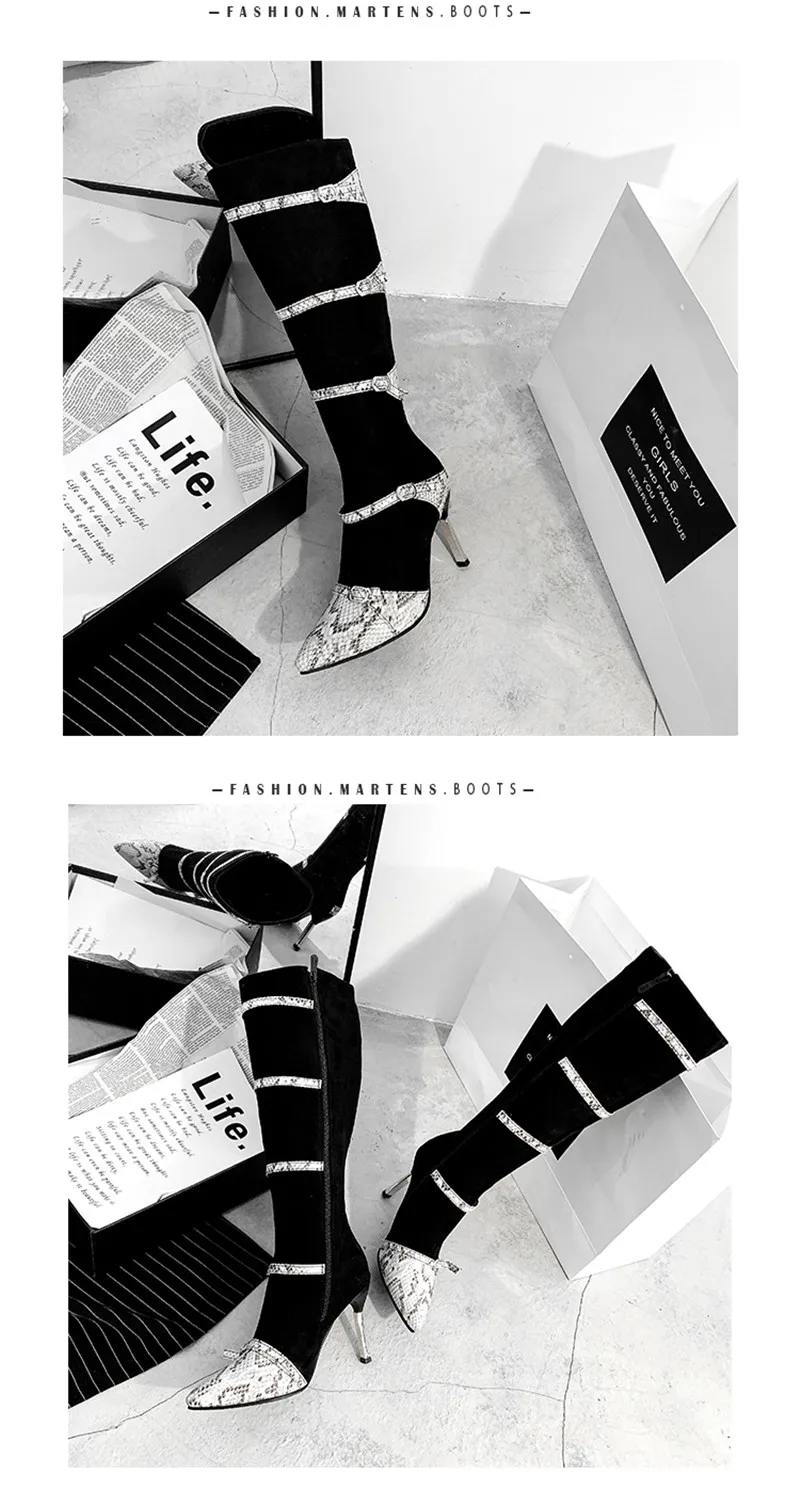 European and American style wind pointed fine with color side zipper high boots female snake pattern sexy women's boots