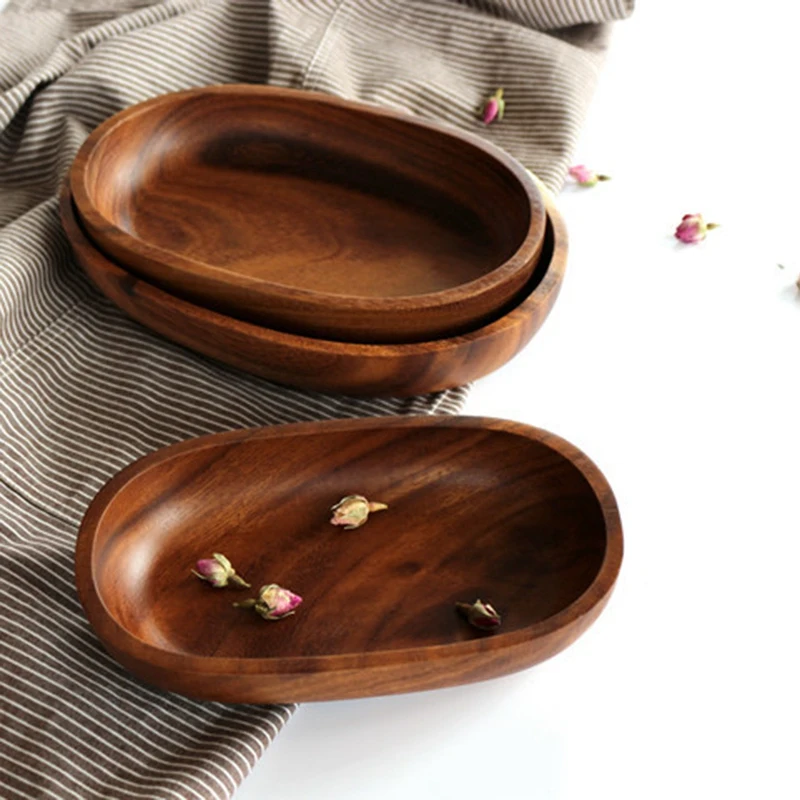 Japanese-Style Dried Fruit Dish Oval Wood Tableware Food Serving Tray Cake Desserts Snack Dishes Household Dinner Plate Salad Fr