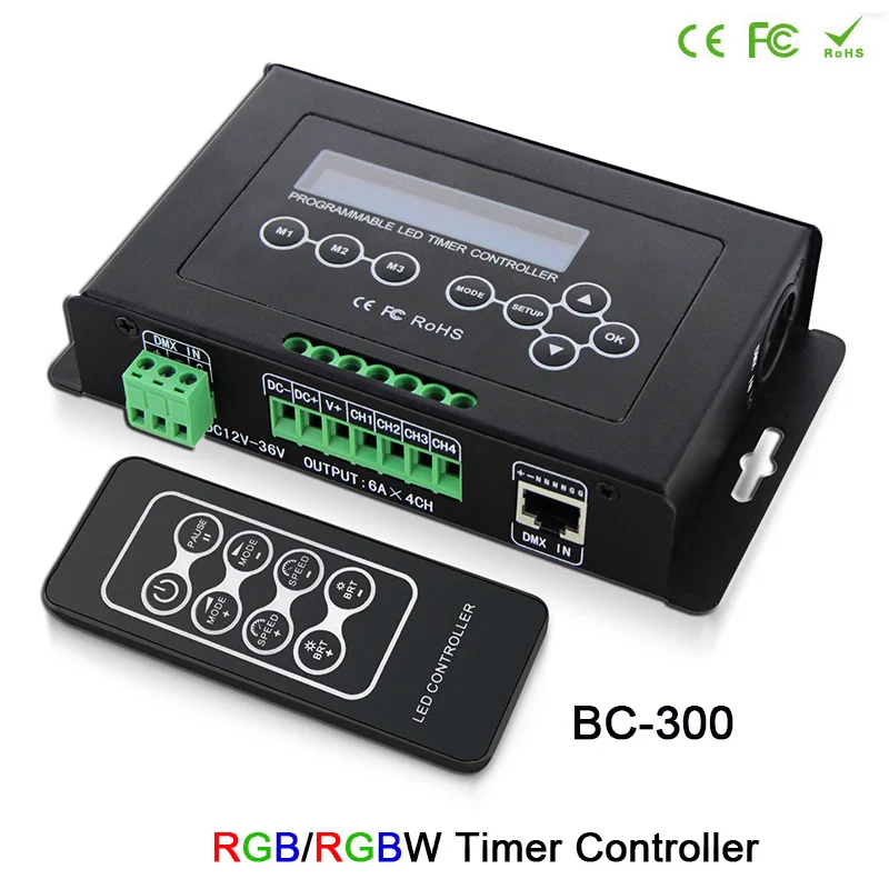 

programmable DMX 512 Input signal Controller DC12V-36V Output 6A x 4CH RGB/RGBW Timer Controller for led strip Tape