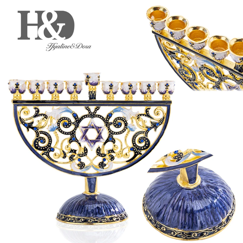 H&D 9 ветвей ручная роспись Hanukkah Menorah иудаизм Звезда Давида эмаль подсвечники Chanukah канделябры украшенные кристаллами