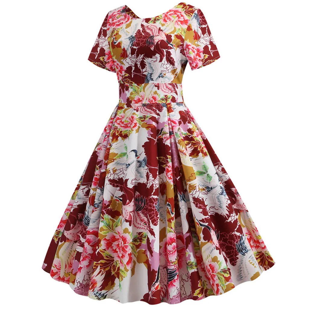 Для женщин летнее платье с цветочным рисунком 50s Винтаж Повседневное элегантное платье с круглым вырезом и принтом вечерние работы деловая модельная одежда ретро рокабилли Vestidos# J30 - Цвет: Многоцветный
