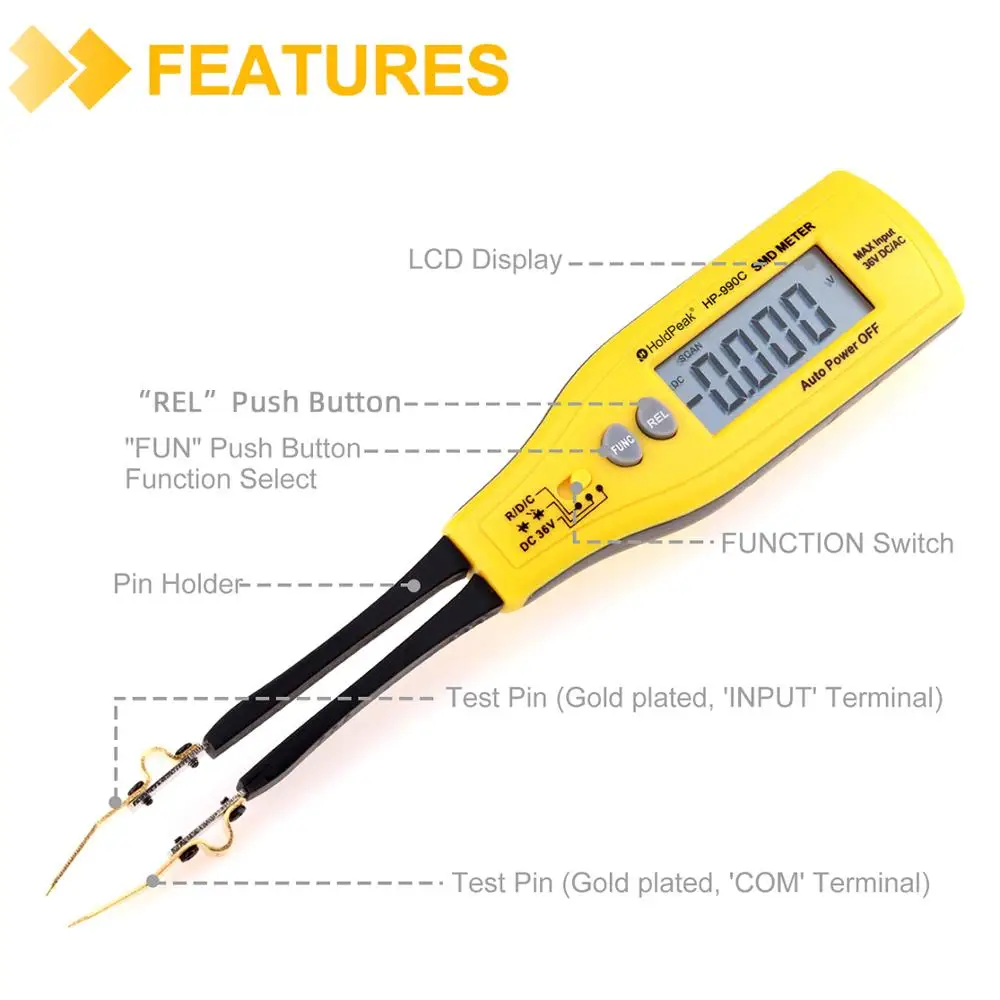 HoldPeak-SMD Multimeter HP-990C Auto Range Resistance Capacitance Diode LED Zener DCV Continuity Battery Tester Meter