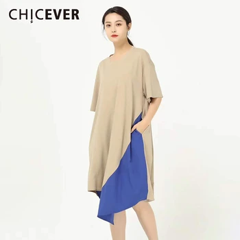 

CHICEVER Patchwork Hit Color Dress Women O Neck Half Sleeve Oversize Asymmetric Dresses Female Summer Fashion Clothes 2020 New