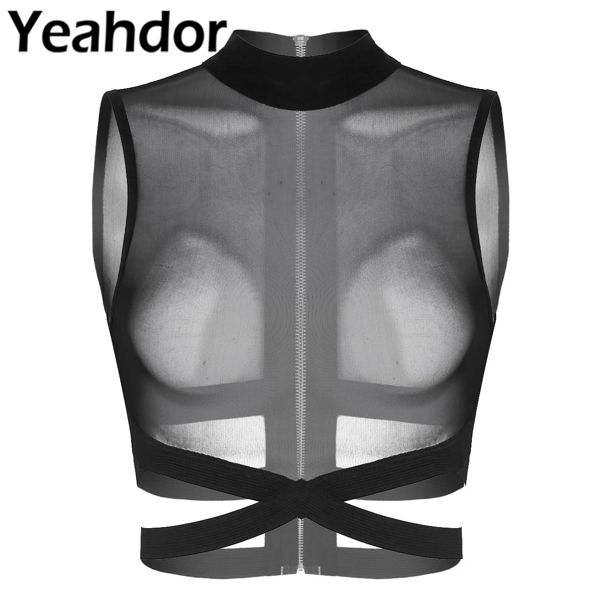 

Black Women Bra Tops Vest Sleeveless Round Neck Sheer Mesh Zipper Back Criss Cross Crop Top Shirts Sexy See Through Clubwear