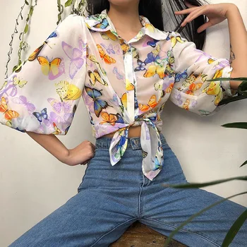 

YYXZ Summer Fashion Sexy Contrast Color Transparent Print Butterfly Half Sleeve SML Woman Casual Shirt Office Lady Blouses