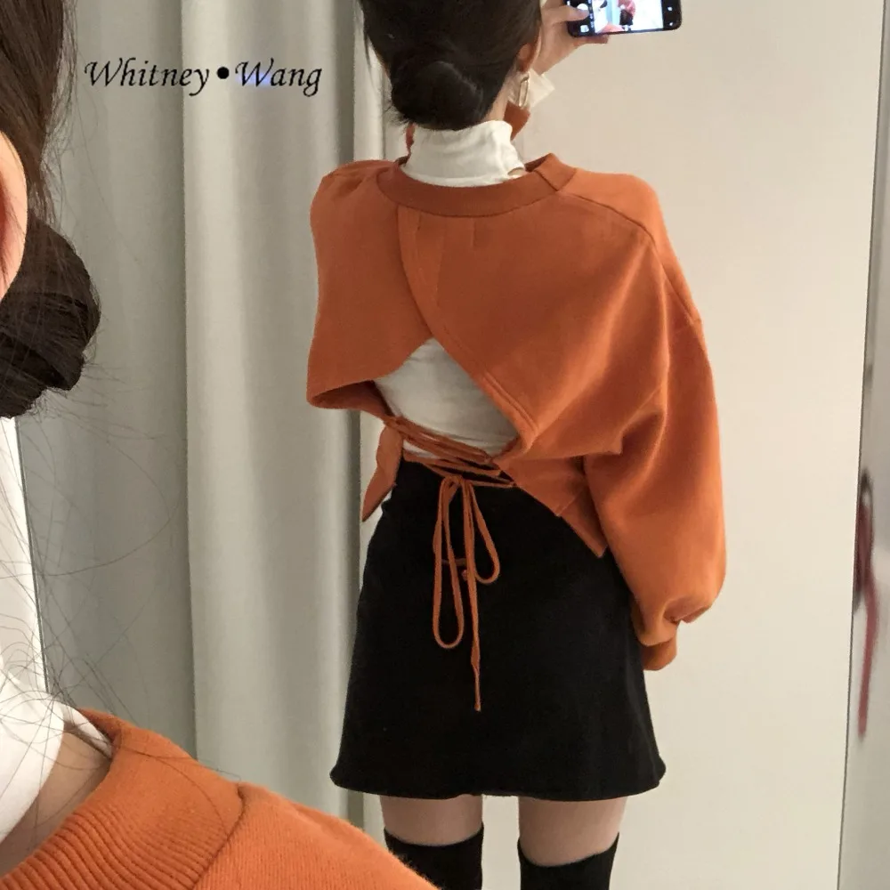 WHITNEY WANG Осенняя модная уличная Толстовка со шнуровкой на спине женские толстовки пуловер